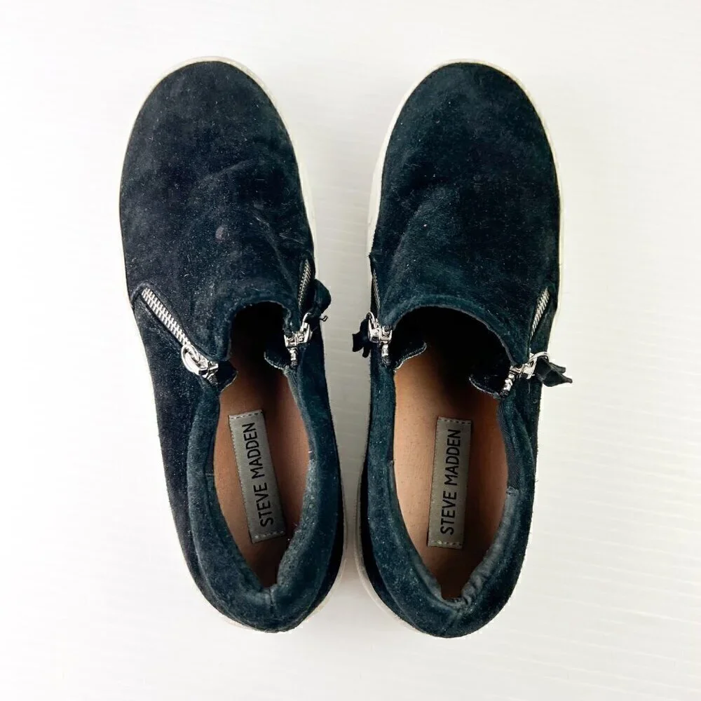 Steve Madden Glaammar Side Zip Slip-On Sneaker Size 8M Black Suede casual